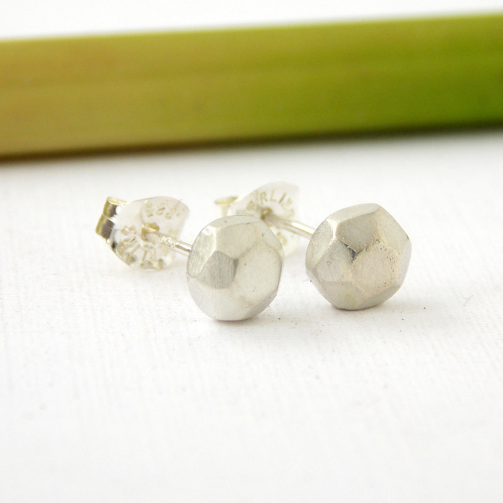 Faceted Pebble Stud Earrings - Sterling Silver - Rito Originals - 3