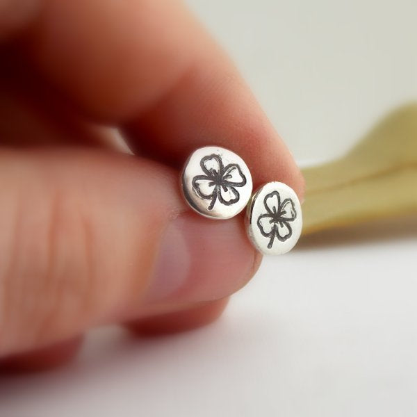 Earrings - Lucky Four Leaf Clover Studs - Sterling Silver