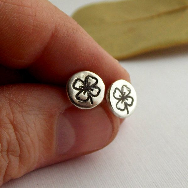 Earrings - Lucky Four Leaf Clover Studs - Sterling Silver