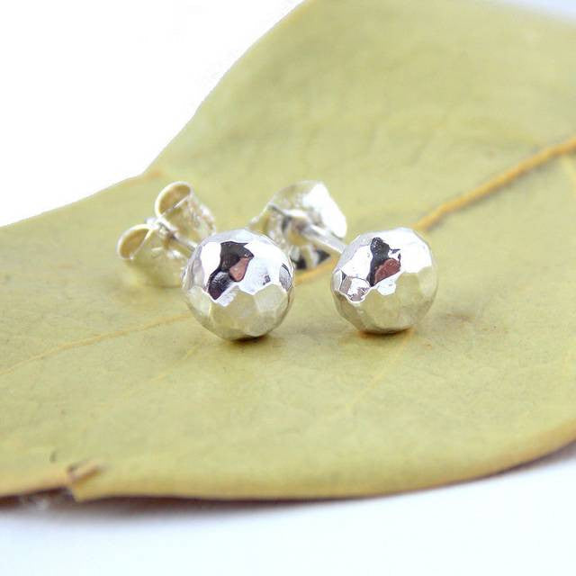 Earrings - Hammered Pebble Stud Earrings - Sterling Silver