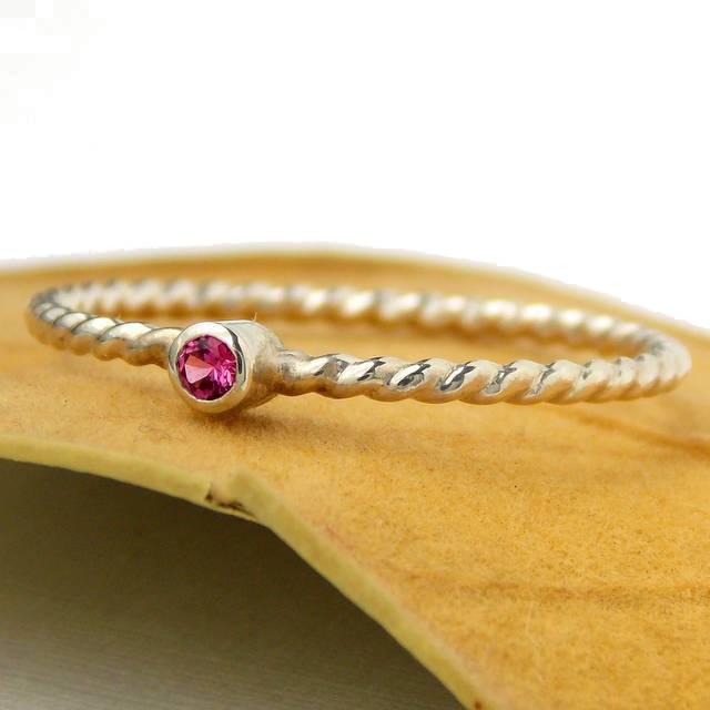 Rings - Tiny Rope Birthstone Ring - 925 Sterling Silver Stacking Ring Set With 2mm Faceted Birthstone In A Tube Setting