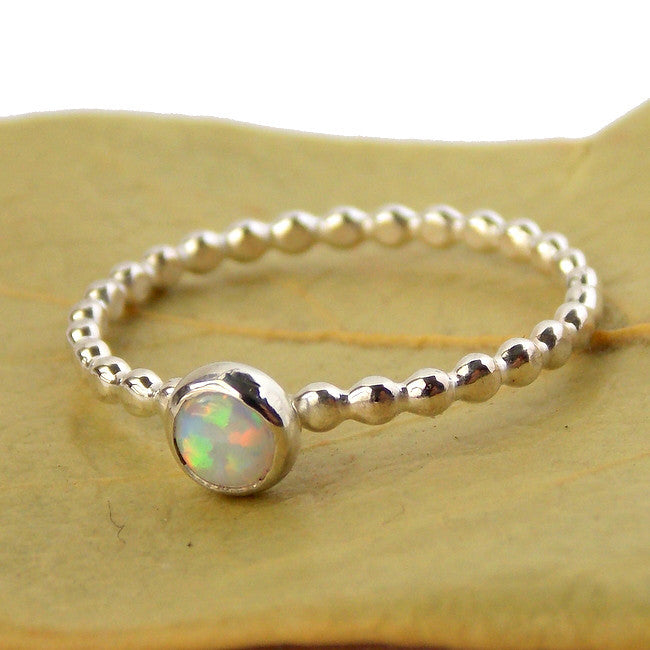 Rings - Opal Beaded Band Cab Ring - Sterling Silver