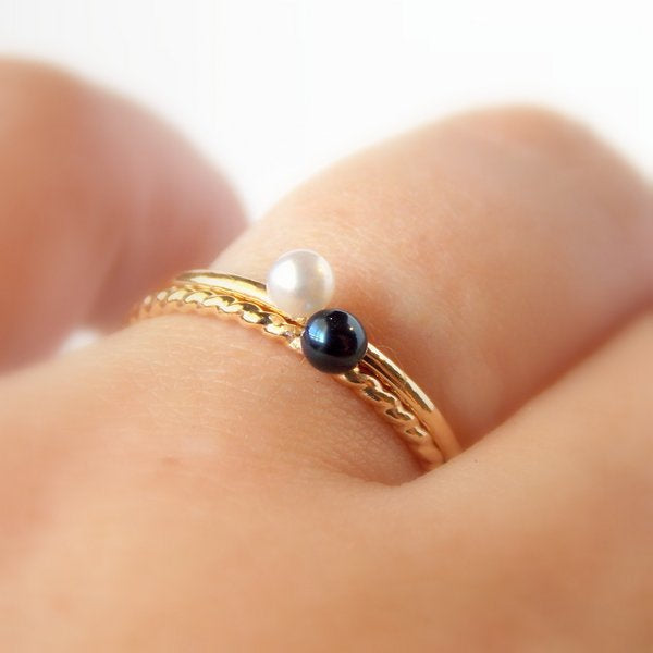 Rings - Mini Floating Freshwater Pearl Ring – 14K Gold-filled Stacking Ring – Choose A 3mm White, Pink, Or Black Freshwater Pearl – Choose A Hammered, Smooth, Or Twisted Rope Band – Gift For Her