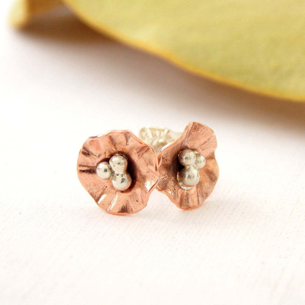 Mini Flower Post Earrings - Sterling Silver and Copper - Rito Originals