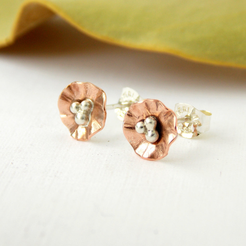 Mini Flower Post Earrings - Sterling Silver and Copper - Rito Originals - 5