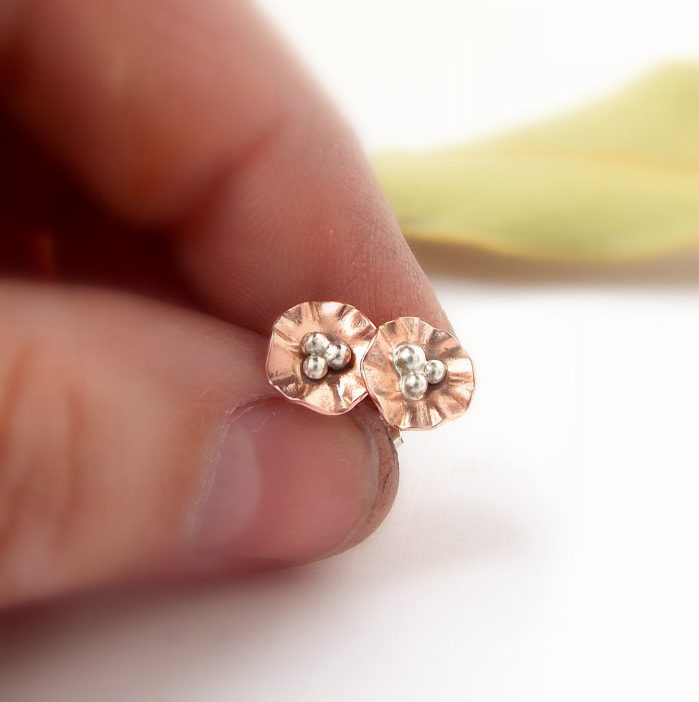 Mini Flower Post Earrings - Sterling Silver and Copper - Rito Originals - 6