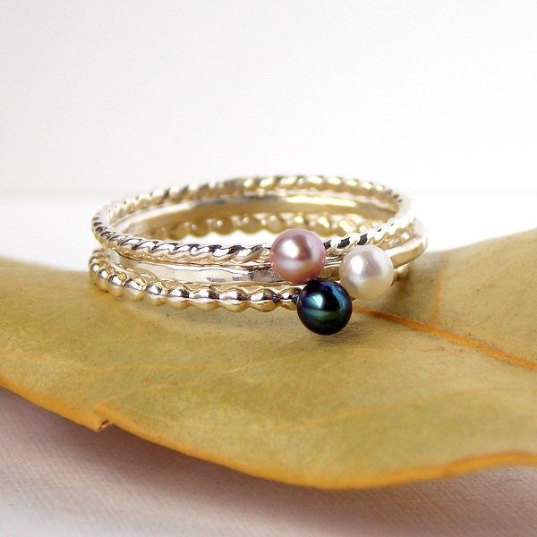 Rings - Mini Floating Freshwater Pearl Ring – 925 Sterling Silver Stacking Ring – Choose A 3mm White, Pink, Or Black Freshwater Pearl – Choose A Hammered, Beaded, Or Twisted Rope Band – Gift For Her