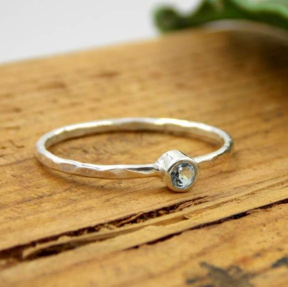 Rings - Hammered Band Birthstone Ring - Sterling Silver
