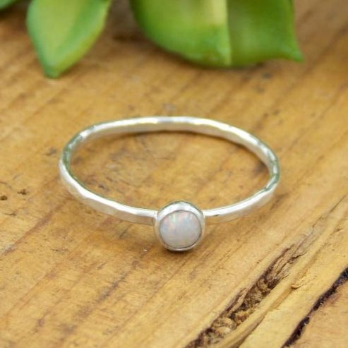Rings - Hammered Band Opal Cab Ring - Sterling Silver