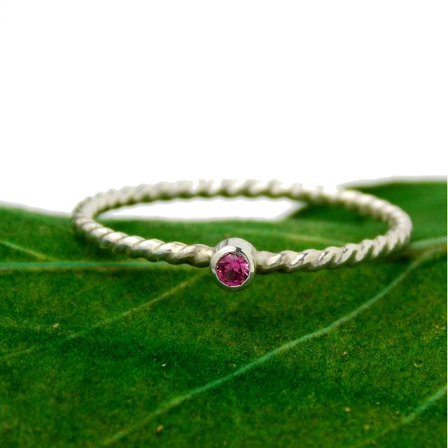 Rings - Tiny Rope Birthstone Ring - 925 Sterling Silver Stacking Ring Set With 2mm Faceted Birthstone In A Tube Setting