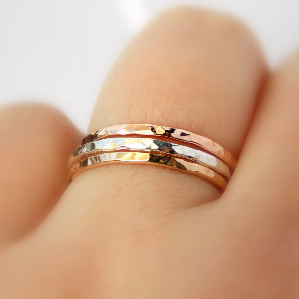 3 Reflection Hammered Stacking Rings - 14K Gold-filled ring and Sterling Silver - Rito Originals