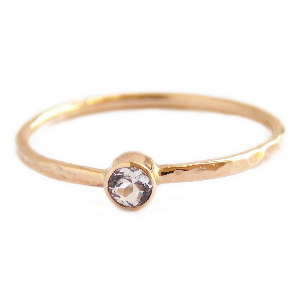 Gold White Sapphire Ring w/ Hammered Band - 14k Gold - Rito Originals