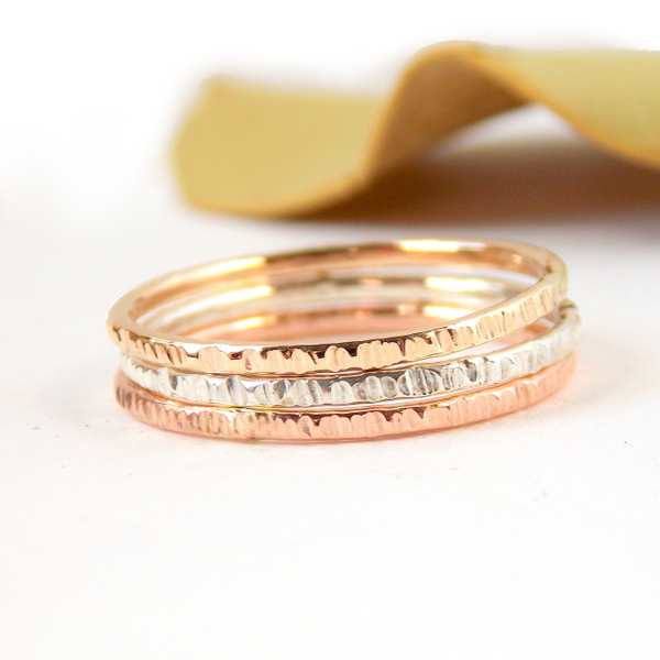 Hatched Stacking Rings Set of 3 - 14K Gold-filled ring and Sterling Silver - Rito Originals - 1