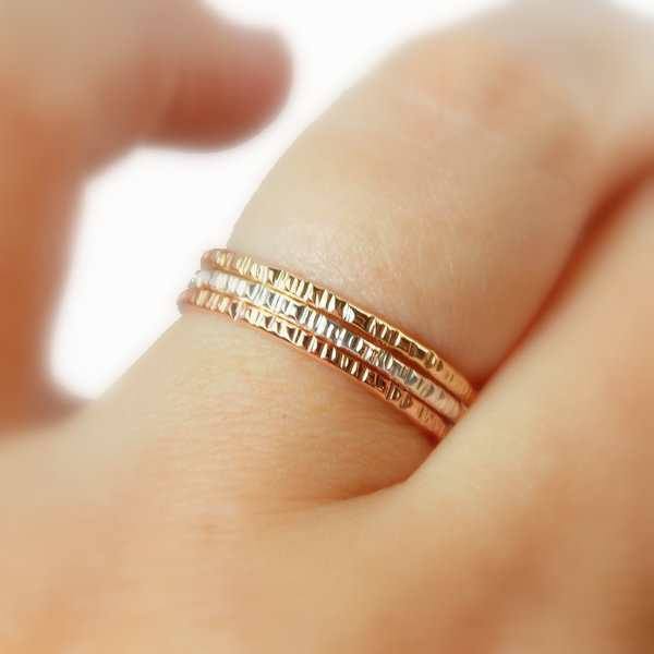 Hatched Stacking Rings Set of 3 - 14K Gold-filled ring and Sterling Silver - Rito Originals - 2