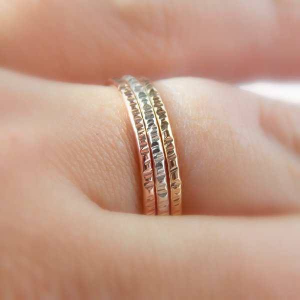 Hatched Stacking Rings Set of 3 - 14K Gold-filled ring and Sterling Silver - Rito Originals - 3