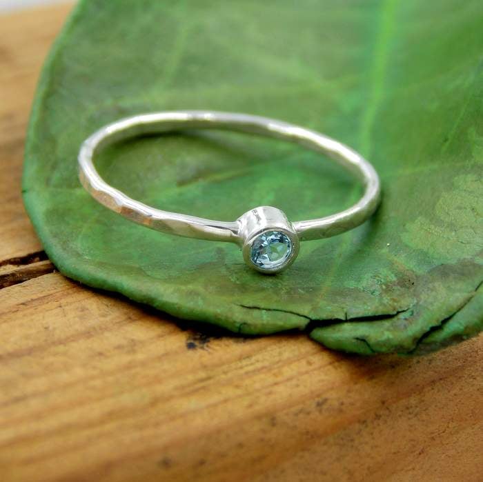 Rings - Hammered Band Birthstone Ring - Sterling Silver