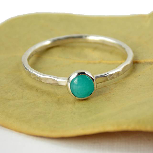 Rings - Amazonite Hammered Band Stacking Ring – 925 Sterling Silver Stacking Ring With 4mm Blue Green Cabochon Stone – Stackable Ring Gift For Her