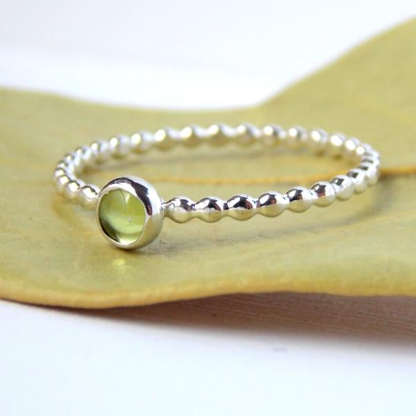 Rings - Peridot Beaded Band Stacking Ring - 925 Sterling Silver Stacking Birthstone Ring - 4mm Green Cabochon Stone - Stackable August Birthstone Ring